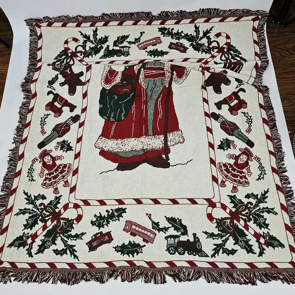 Vintage Christmas Holiday Thrown Blanket Woven Tapestry Santa Claus Reversible
